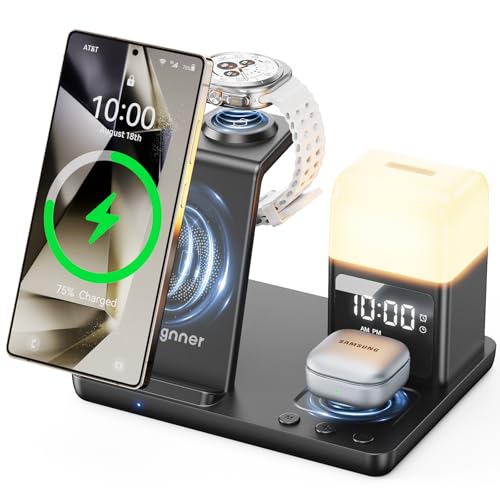 Estación de Carga Inductiva 6 en 1 Mejorada para Samsung con Despertador y Luz 3 Colores | Soporte Carga Inalámbrica 15W Rápida para Galaxy S25/S24/Z Fold6/Flip/Note, Watch Ultra/6/5 Pro, Galaxy Buds