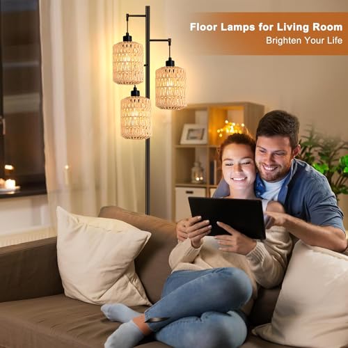 Qiyizm Floor Lamp For Living Room,Bedroom,3-Lights Boho Rattan Tree Floor Lights,Industrial Black Farmhouse Standing Lamp Wicker Rustic Tall Lamp,Woven Bamboo Lampshade Floor Lamps Bohemian thumb #5