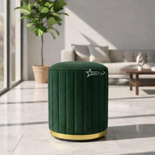 Image of Upholstered Round Linen Strip Stool Living Room Foot Rest Office Stool Pouf Ottoman Padded Seat - Green