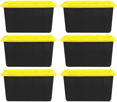 STOWIX BLACK & YELLOW 27-Gallon Storage Bin with Snap-on Lid, Heavy Duty Plastic Storage Bins with Lid, Stackable, 6 Pack