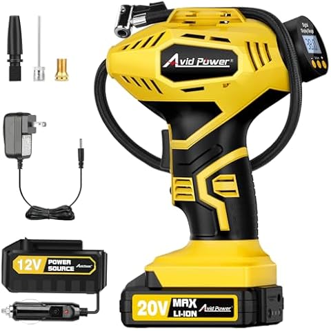 AVID POWER Cordless Tire Inflator Portable Air Compressor, 20V Rechargeable Battery Powered Car Tire Pump w/ 12V DC Adapter, Digital Pressure Gauge, Air Pump for Car, Bike, Motorcycle, Ball Cover