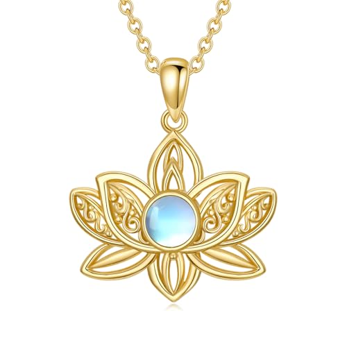 14K Gold Lotus Flower Necklace Moonstone Alcoholics Anonymous Lotus Pendant Necklaces Jewelry for Women Birthday Christmas Valentines Day Gifts for Her Mom Wife,16+2 Inch