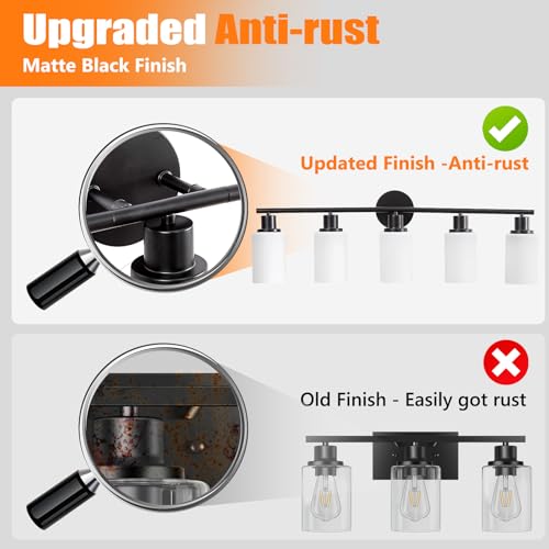 Image of DLLT 5-Light Bathroom Light Fixtures: Black Modern Vanity Lights with E26 Bulbs - Milky White Glass Shade Bathroom Wall Lamp for Mirror Kitchen Living Room Hallway Cabinet Porch