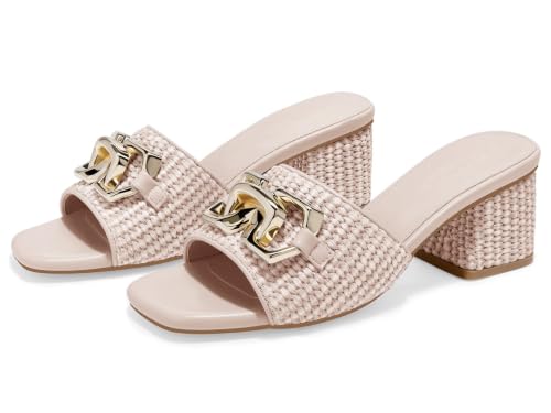 Image of Coutgo Womens Raffia Slide Sandals Chunky Block Heeled Square Open Toe Metal Chain Slip on Mules Dressy Shoes