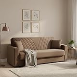 DIVANO LETTO 3 POSTI - Divano contenitore lineare con 2 cuscini, Sofà da soggiorno in tessuto con apertura click-clack, 214x81xh89 cm, Beige