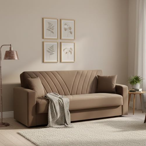 DIVANO LETTO 3 POSTI - Divano contenitore lineare con 2 cuscini, Sofà da soggiorno in tessuto con apertura click-clack, 214x81xh89 cm, Beige