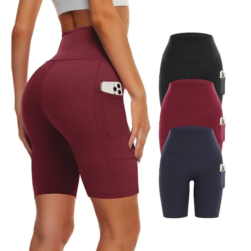 3 Pack Biker Yoga Shorts with Pockets for Women, High Waist Tummy Control Workout Running Gym