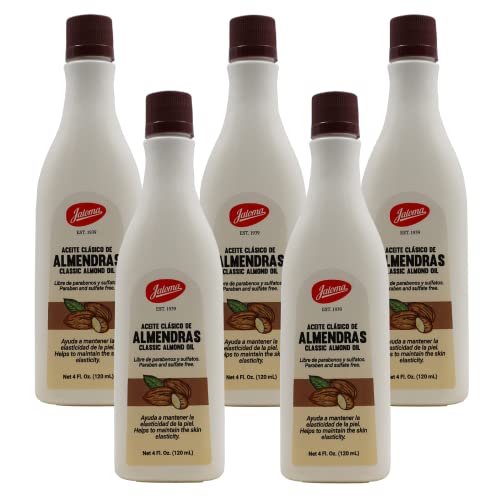 Jaloma Sweet Oil Almond, Emollient to Help you Soften your Skin, Makeup Remover, Delicate and Sweet Fragrance, Hair Moisturizer, Prevents Stretch Mark, All skin type, 5-Pack of 4 FL Oz, 5 Bottles.