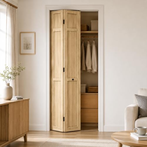 S&Z TOPHAND 30in x 80in Paneled Wood Unfinished Bi-Fold Door Closet Door Pine Wood Interior Door Slab Barn Door with Hardware Kits & Handle.