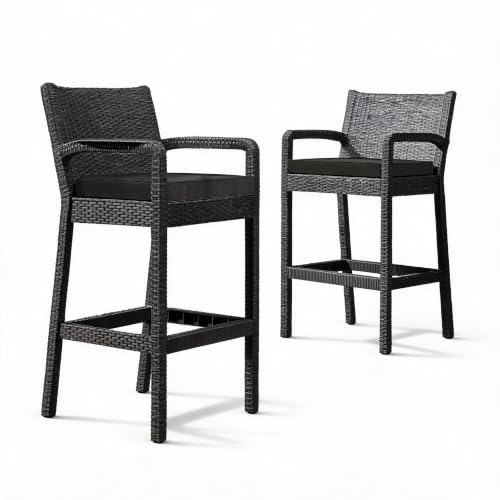 JustSmart Lot de 2 tabourets de bar d'extérieur en rotin avec accoudoirs et coussin, résistants aux intempéries, adaptés pour jardin, terrasse, patio et...