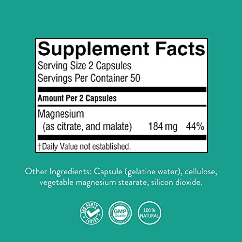 Image of Nature's Sunshine Magnesium Complex - High Potency Magnesium Supplement with Citrate & Malate for Relaxation, Optimal Absorption, Muscle Function, Energy Production - 50 Servings (100 Capsules)