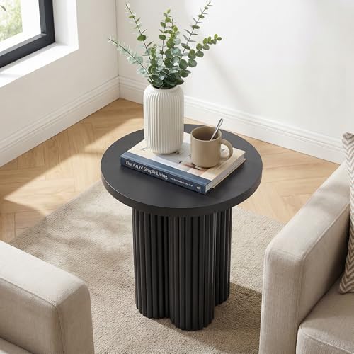 Image of Round Fluted End Table, 17.7'' Mid Century Modern Side Table, Circle Bedside Tables Drink Table Wood Nightstand for Small Spaces, Living Room (Black-1PCS)