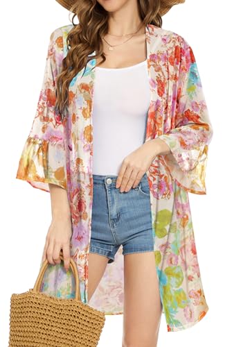 Cárdigan tipo kimono para mujer, con estampado floral, de gasa, parte delantera abierta, informal, para verano, flores coloridas, 3XL