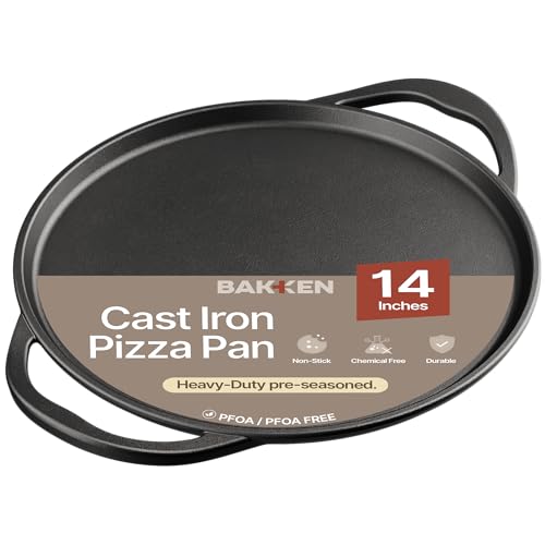 Bakken Cast Iron Pizza Pan 14 Inch, Naturally Pre-Seasoned Nonstick Baking Pan, Heavy-Duty for Oven, Grill, Stovetop, or Campfire, Dual Handles, Heat Retention for Crispy Crust Results, Easy to Clean