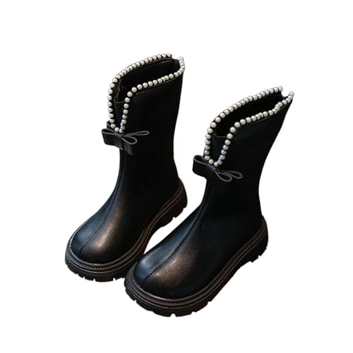 Winter Fall Lovely Boot for Girl Pearl Embellished Bow Outdoors Shoe PU Leather Waterproof Shoes 2025 Non-slip Boots