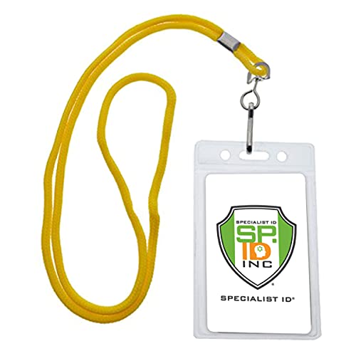 Badge jaune Specialist ID vertical et son cordon protecteur de carte