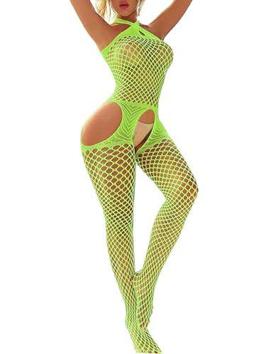 Buitifo Damen Dessous Fischernetz Bodystocking Sexy Catsuit Frau Nachtwäsche Hohl Reizwäsche Strumpfhose Lingerie Nachtkleid(grün,Einheitsgröße)