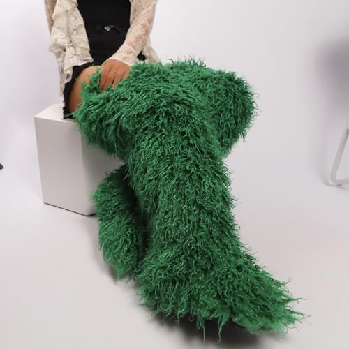 Image of Black Thigh High Fur Boots, Over the Knee Fluffy High Boots, Tall Furry shoes for Women