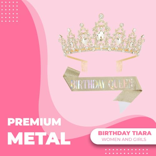 Birthday Tiara Crown with Sash for Women, Headband Hair Accessories for Wedding Party Costume Gold