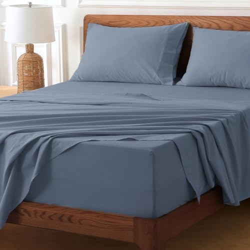 HYPREST 100% Cotton Percale Sheets Queen Size - 18-24 Extra Deep Pocket Bed Sheet Set Queen, Crisp & Breathable Cooling Bedding (Dusty Blue) by HYPREST - Image 4