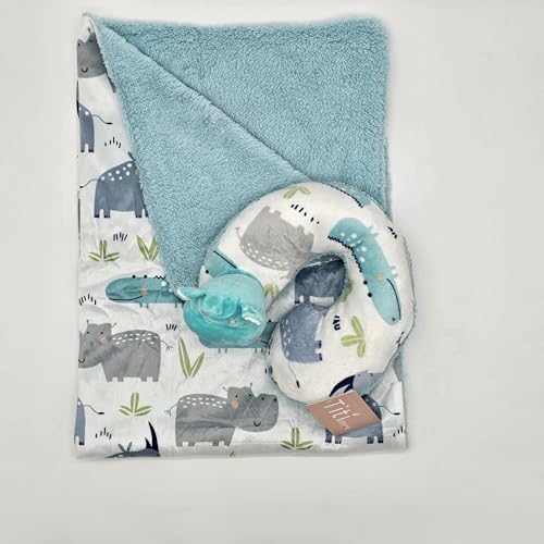 Image of TITI with Love Reversible Baby Blanket and Pillow Set - Hippo Baby Blanket with Soft Plush Neck Pillow, Ideal for Travel, Crib, 37x27 in