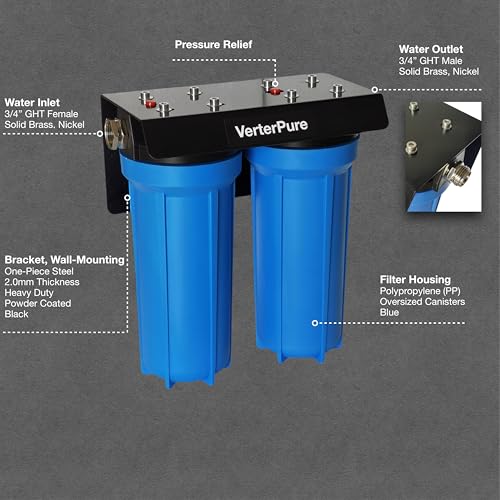 Image of DuoPro X2 Two-Stage RV Fresh Water Filter System, High Flow, NSF Housings, 3 /4 inch GHT Garden Hose Fittings, Reduce Sediment, Chlorine, Odor, Heavy Duty Mounting Bracket, Blue