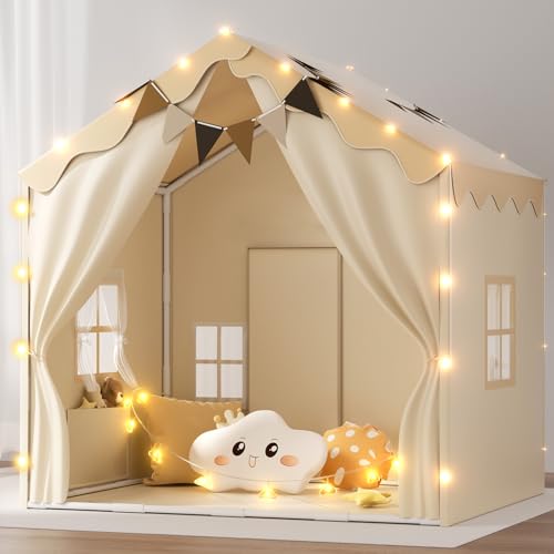 EagleStone 2-in-1 Kids Tent,Large Play Tent with Padded Mat and Lights,Kids Playhouse with 2 Doors & 4 Windows,2 Large Side Pockets,Indoor Outdoor Kid Play Tent for Toddlers,53' x40' x 51'