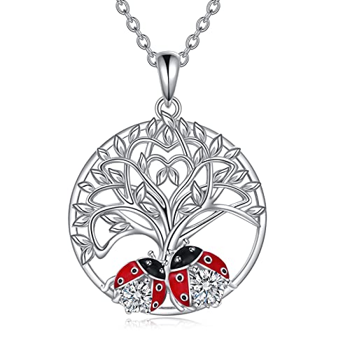 Poplyke Ladybug Necklace For Women Sterling Silver Tree Of Life Necklace Mothers Day Jewelry Gifts For Girls Mother Daughter (C-Ldaybug Tree Necklace) #TOP28