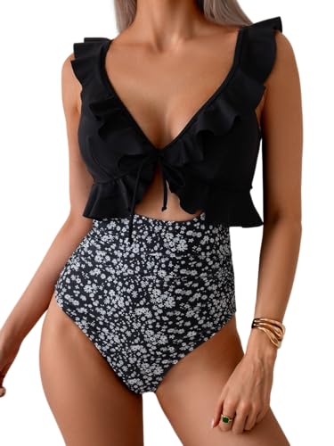 Image of Eomenie One Piece Swimsuit for Women Tummy Control Ruffle Bathing Suit V Neck Ruched Swim Suit Slimming Cutout Swimwear