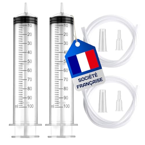 Seringue 100ml - Seringue Plastique (Lot de 2) - Seringue a Huile - Seringue en Plastique Réutilisable Avec Tuyau de 1m (seringue à huile)
