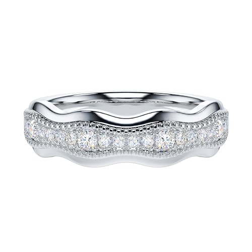 THELANDA Genuine Moissanite or Simulated Diamond Sterling Silver Antique Milgrain Wave Shape Eternity Band Wedding Ring