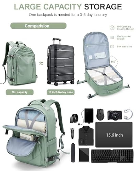 BJLFS Large Travel Backpack for Women Men,Carry On Backpack,Hiking Backpack Waterproof Outdoor Sports Rucksack Casual Work Gym Weekender Daypack Travel Essentials£¨simple, Army green£©
