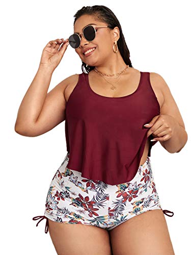 Makemechic Women's Plus Size Ruffle Hem Hanky Top And Drawstring Shorts Bikini Set Burgundy 3Xl #TOP12