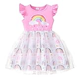 Soft Fabric: This is a very cute cartoon pattern dress.Its fabric is very comfortable and stretchy,perfect for wearing in spring and summer. Style and Design: Cute cartoon printed including rainbow butterfly unicorn kitty mermaid flower,the dress fea...