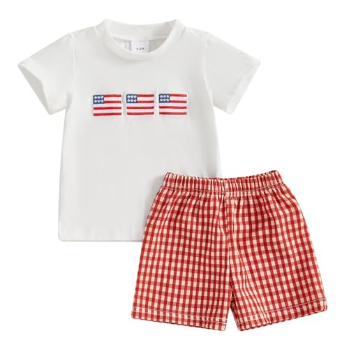 Image of 4th Of July Toddler Boy Outfit Popsicle American Flag T-Shirt and Gingham Plaid Shorts Set Independence Day Clothes