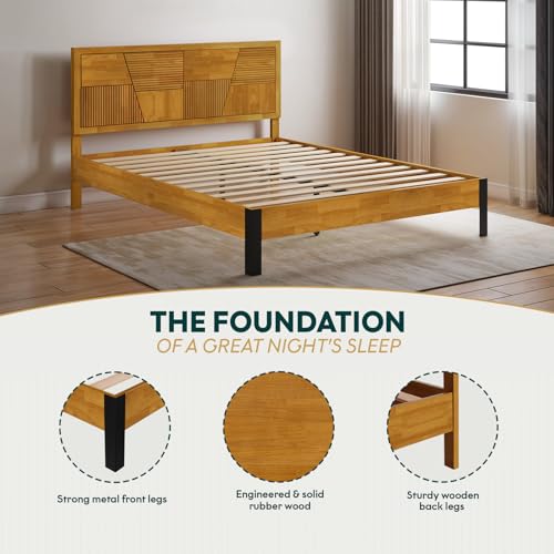 Image of Bme Trapeze Queen Bed Frame - Modern Solid Wood Bed with Smooth Pattern Headboard, Black Metal Legs, Teak Brown Finish - Durable Queen Size Platform Bed for Contemporary Bedrooms
