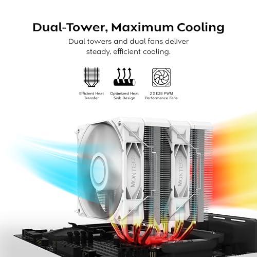 Image of MONTECH NX600 Dual-Tower CPU Air Cooler with 6 Heatpipes & Premium Top Cover | 28mm E28 PWM Premium Fan| Soldered Copper Base | Superior Heat Dissipation | All Intel & AMD Socket Support | White