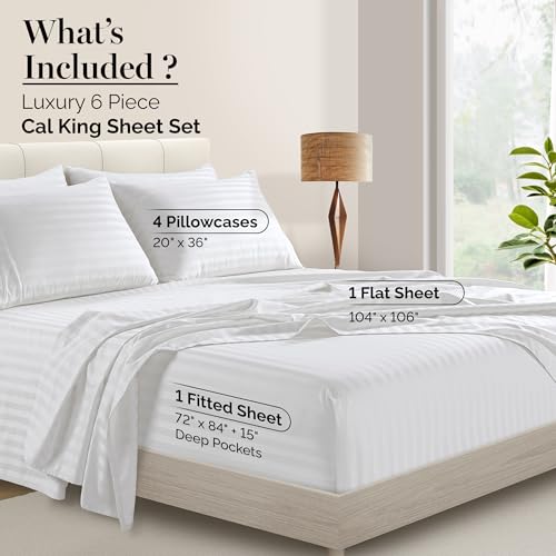 Casa Platino 100% Egyptian Cotton Sheets California King Size Set - 6 Pieces - Damask Stripe- Smooth Sateen Weave Bed Sheets, 15" Deep Pocket - Pure White Sheet Set