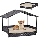 NATURAL EXPRESSIONS 2-in-1 Wicker Dog House,Elevated Dog Bed for Indoor/Outdoor with Removable Canopy,Large Dog House with Raised Pet Cot Cool, Breathable, Shade, waterrproof with Non-Slip Feet
