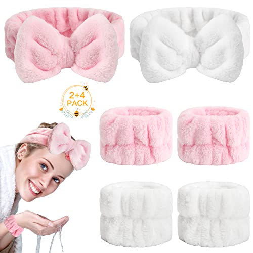 Bandeau Maquillage, 2 Pcs Bandeau Cheveux Femme Maquillage avec 2 Paires Microfibre Bracelet de Lavage du Visage, Bandeau Soin Visage, Headband Cheveux Femme pour Lavage, Joga et Spa Cover