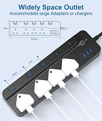 Extension Lead with Individual Switches, 4 Way Extension Lead with USB Slots, 2M Extension Cable, 3250W/13A Multi Plug Extension Power Socket, Black Power Strip Extension Plug for Desk Home Office