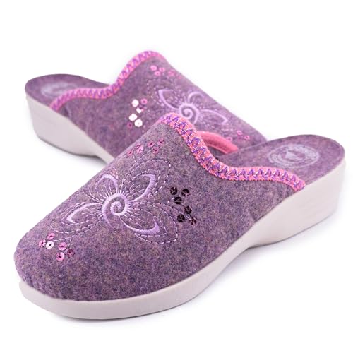 JOMIX Zapatillas de Casa Mujer de Fieltro con Bordado y Lentejuelas Pantuflas Silenciosas Calientes y Ligeras Antideslizantes con Cuña Baja Mule Señora Confort Invierno Ortopédicas ITD2531 Rosa 39