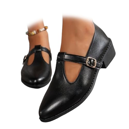 Mary Jane – Chaussures de ballet pour femme en cuir synthétique avec bride en T classique – Chaussures habillées décontractées à enfiler pour le bureau, noir mat, 0 UK