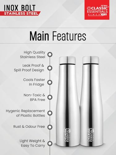 Image of CLASSIC ESSENTIALS Stainless Steel Puro Water Bottle 1000ml Pack of 3 | Leak Proof Fridge Bottle | Rust Resistant Steel Water Bottles for Home, Office, School & Gym | Silver