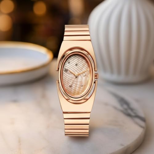 Image of Fastrack UFO Quartz Beige Yellow Shaped Dial Girls Watch | Rose Gold Colour Band | Watches for Girls Analog - 6318WM01