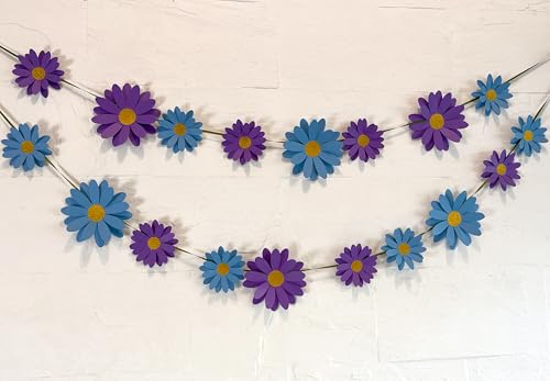 Image of Blue Daisy Flowers Paper Decoration. Included 18 Paper Flowers, Needle, 10 feet Satin Ribbon for Flower Garland and Sticky Foam Squares for Wall Decor.