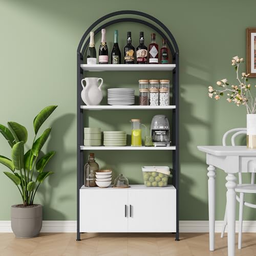Image of Jehiatek Arched Bookshelf, Bookcase with Doors Storage, 71 Inches Tall Industrial Book Shelf with Sturdy Metal Frame, E1 Quality Boards, Freestanding Display Shelving Unit, Black and White