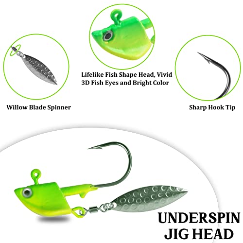 Underspin Jig Heads, 10Pcs Fishing Jig Heads Hook With Blades Swimbait Head Jig With Spinner Bait Glow Colorful Painted Weighted Spinner Jigs Lures For Crappie Bass Trout Walleye Fishing #TOP1