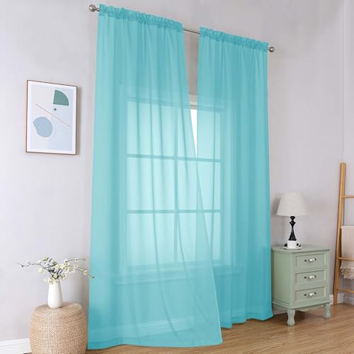 Image of Simplebrand Aqua Short Sheer Curtains 45 Inch Length for Small Windows, Rod Pocket 2 Panels Set Solid Voile Drapes Window Sheer Curtains for Bedroom Bathroom Kids Room Kitchen, 42x45 Inch, Aqua
