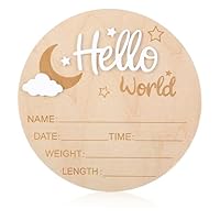 Nogeqi Weiß Meilensteinkarten Baby Holz, Hallo Welt Baby Schild Ankündigungsschilder Hello World Holzschild Willkommensschild für Neugeborene Runde Holz Geburtsanzeige für Schwangere Werdende Eltern
